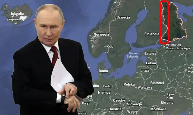 Władimir Putin na tle mapy Europy z zaznaczonym fragmentem Finlandii.