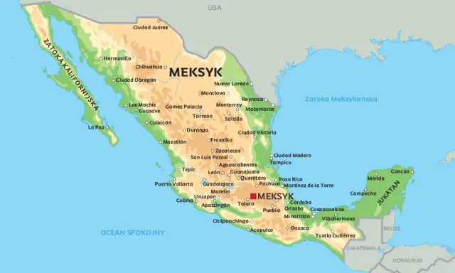 Mapa Meksyku z zaznaczonymi miastami, Zatoką Kalifornijską i Meksykańską.