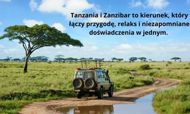 Samochód terenowy na drodze w afrykańskiej sawannie, z akacjami w tle.