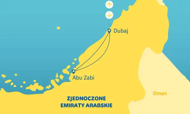 Mapa Zjednoczonych Emiratów Arabskich z zaznaczonym Dubajem i Abu Zabi, z ikonami samolotów.