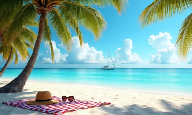 Plaża z palmami, ręcznikiem, kapeluszem i okularami przeciwsłonecznymi, na tle turkusowego morza i żaglówki.
