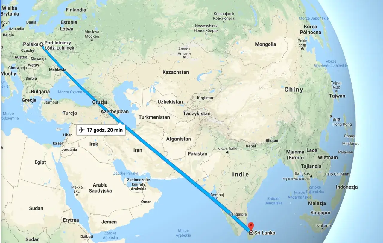 Lot do Sri Lanki trwa 17 godzin i 20 minut, pokazany na mapie od Polski do wyspy na Oceanie Indyjskim.