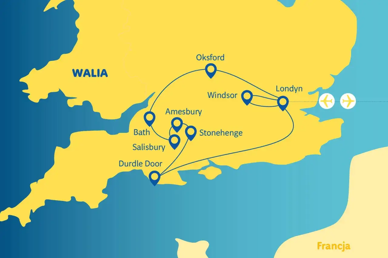 Mapa turystyczna z trasą po Anglii: Londyn, Oksford, Windsor, Stonehenge, Salisbury, Bath, Durdle Door. Idealna na loty do Anglii!