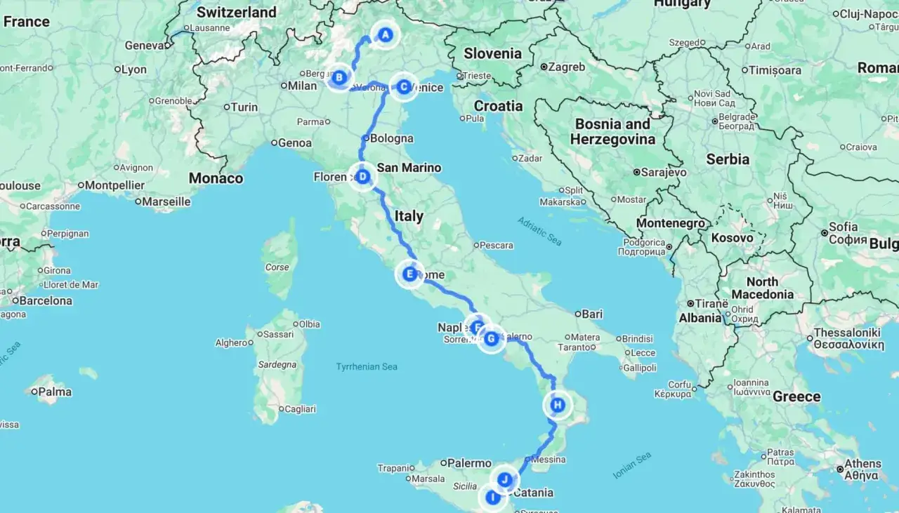 Trasa podróży przez Włochy, od Alp po Sycylię. Zastanawiasz się, ile się leci do Włoch? Ta mapa pokazuje, jak daleko można się tam dostać.