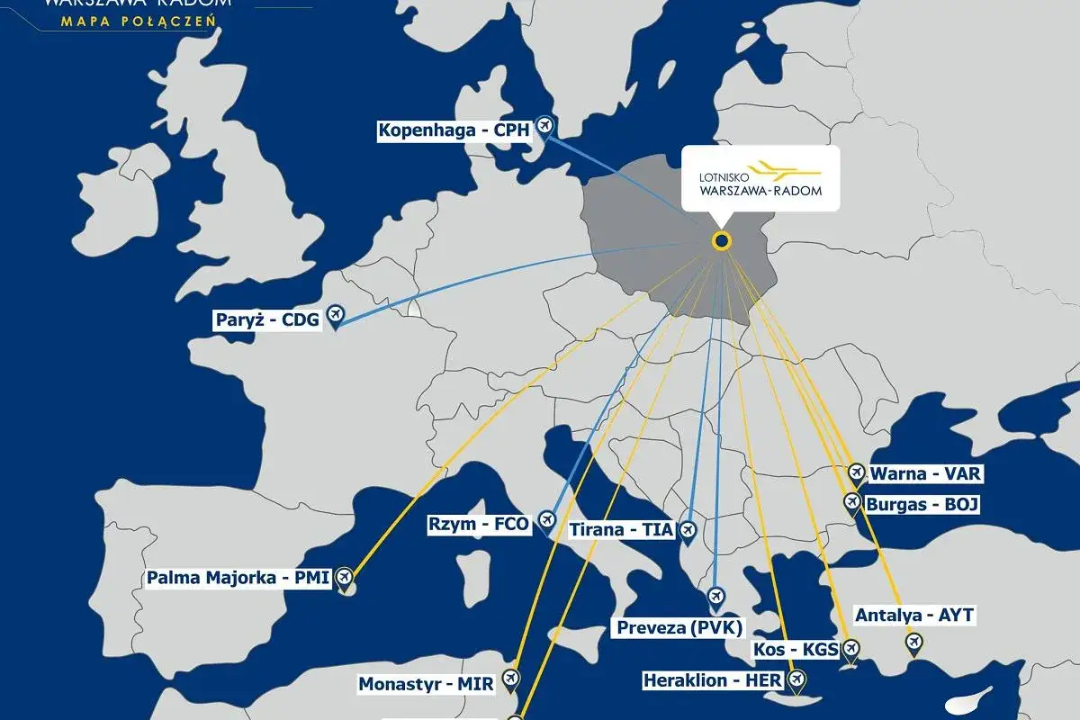 Mapa połączeń lotniczych z Warszawy-Radom, w tym loty do Rzymu (FCO), Kopenhagi (CPH), Paryża (CDG) i innych europejskich miast.