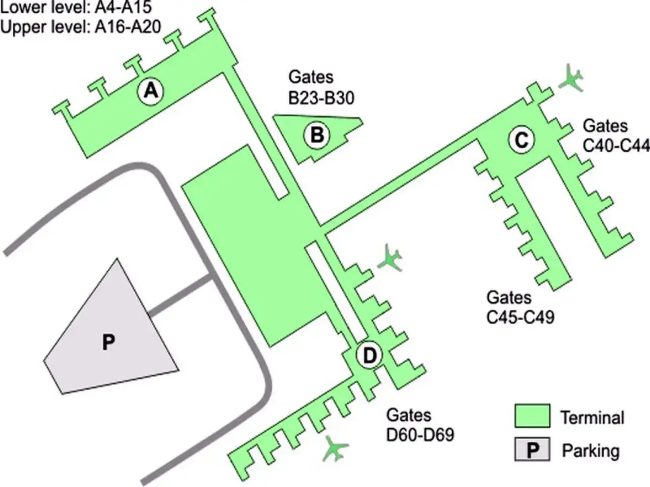 Schemat lotniska Majorka: terminaly A, B, C, D z bramkami i parkingiem P.