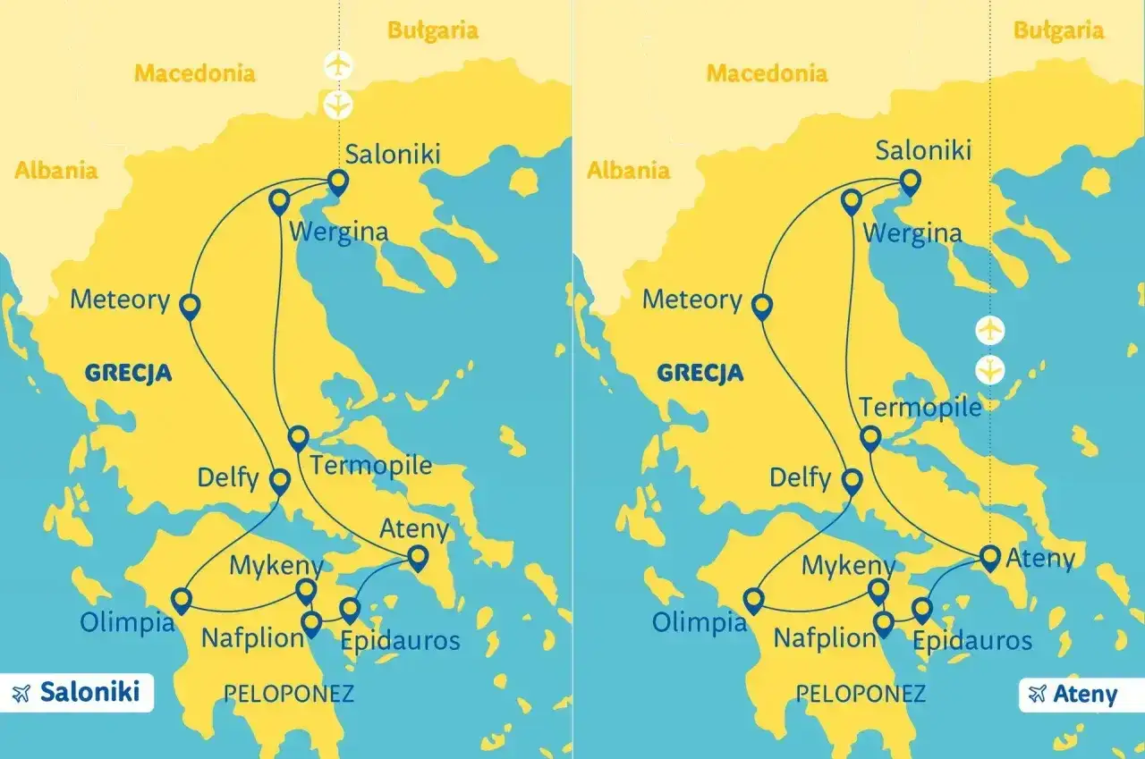 Mapa turystyczna Grecji z zaznaczonymi trasami i lotniskami. Odwiedź Saloniki, Meteory, Delfy, Ateny i Peloponez.