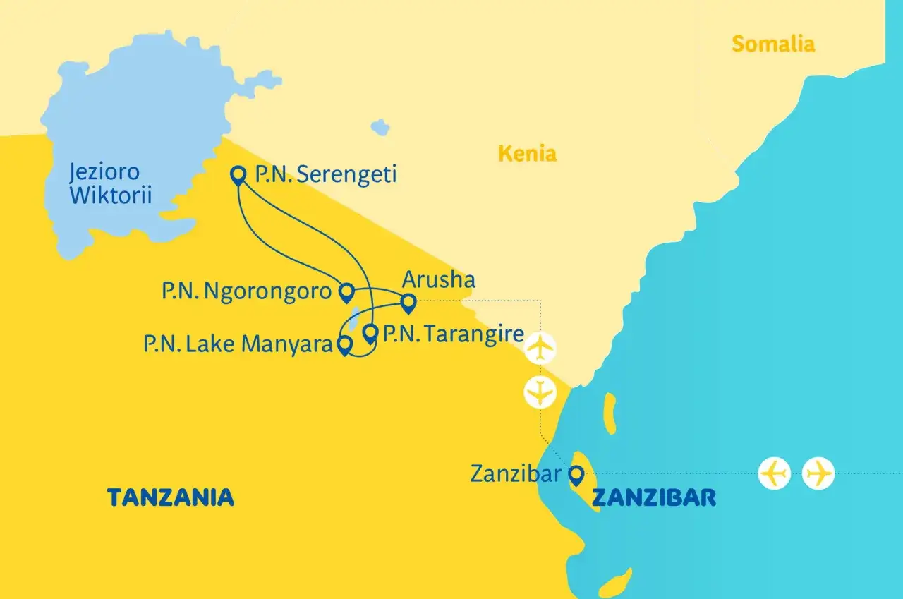 Mapa Tanzanii z trasą przez parki narodowe i lotami na Zanzibar. Zastanawiasz się, ile się leci na Zanzibar? Ta mapa pokazuje trasę podróży.