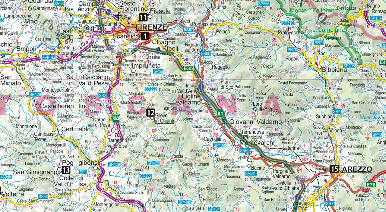 Mapa Toskanii z zaznaczonymi drogami i miastami. Widać lotnisko Florencja (FLR) oraz autostrady A1 i E78.