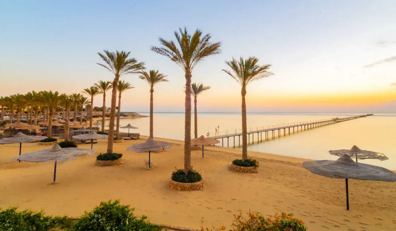 Plaża z palmami i molo o wschodzie słońca. Idealne miejsce na wakacje, jak sugerują blend elphistone resort opinie.