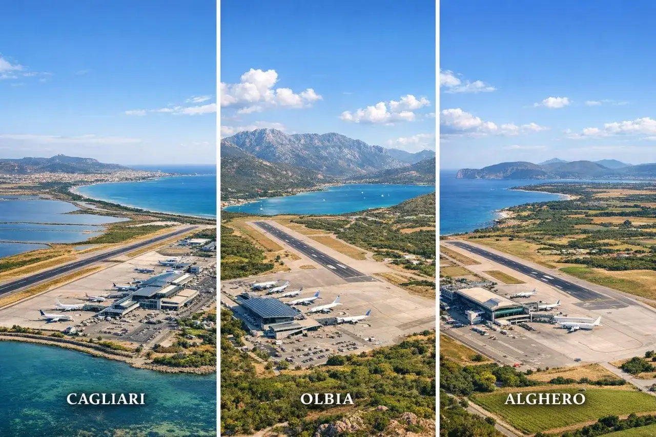 Trzy lotniska na Sardynii: Cagliari, Olbia i Alghero, z widokiem na morze i góry.