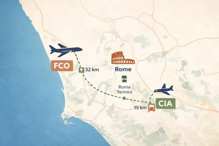Mapa pokazuje lotniska FCO i CIA oraz odległości do Rzymu. Zastanawiasz się, ile się leci do Rzymu?