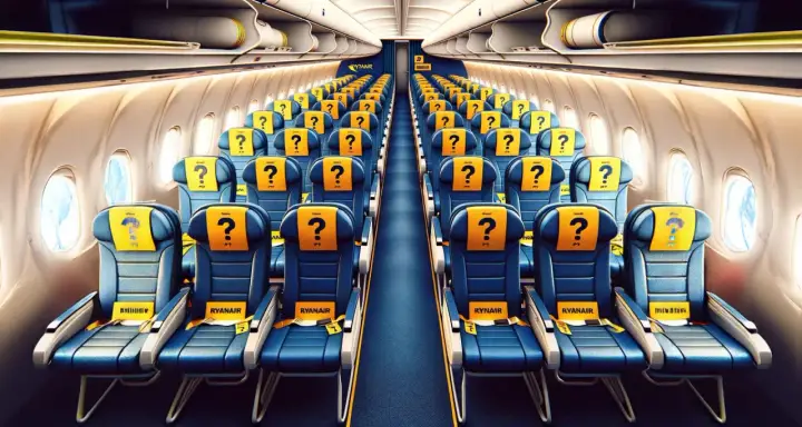 Puste miejsca w samolocie Ryanair, każde z żółtym zagłówkiem i znakiem zapytania. Czekasz na swój losowy wybór miejsca w samolocie?