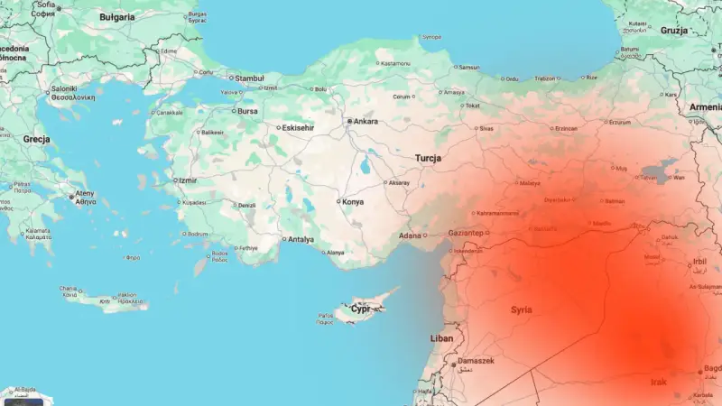 Mapa Turcji i okolic z zaznaczonymi granicami i regionami.